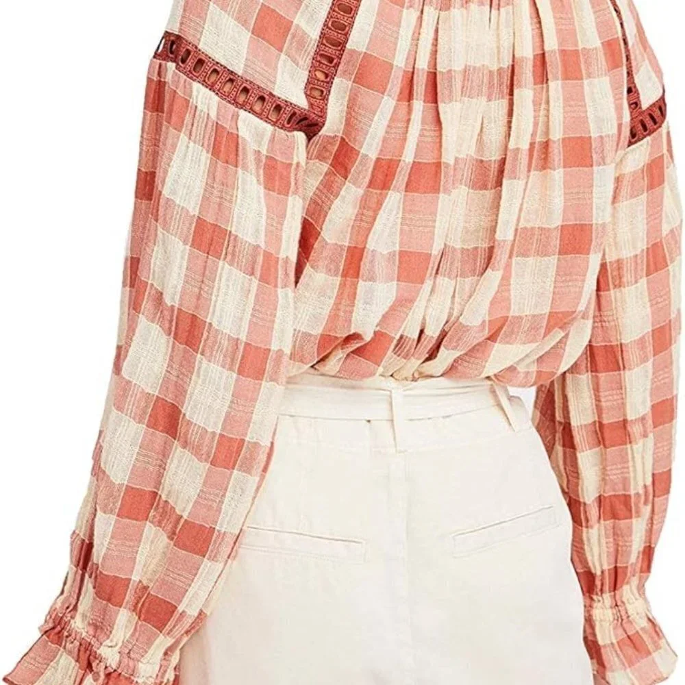NWT Free People Honey Grove Knit Pink Plaid Long Sleeved Blouse Size M
